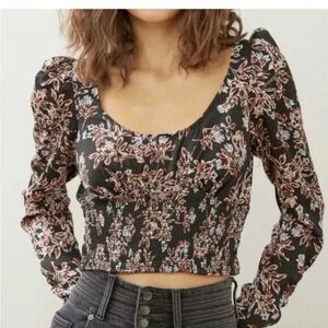 Free People Santiago Print Black Floral Smocked Blouse Size S Boho